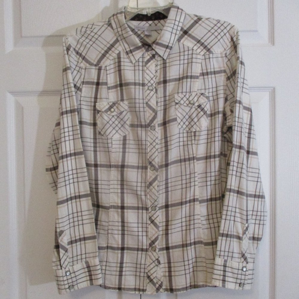 Western Style Plaid Shirt Pearl Snap Buttons sz L White Black Tan